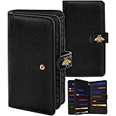 Bistup 【46 Slots Credit Card Holder for Women Ladies Female Teen Girls Rfid Genuine Leather Cardholder Large Capacity Size Big Billfold Wallets Black Bee Cute Girly Aesthetic Print Unique