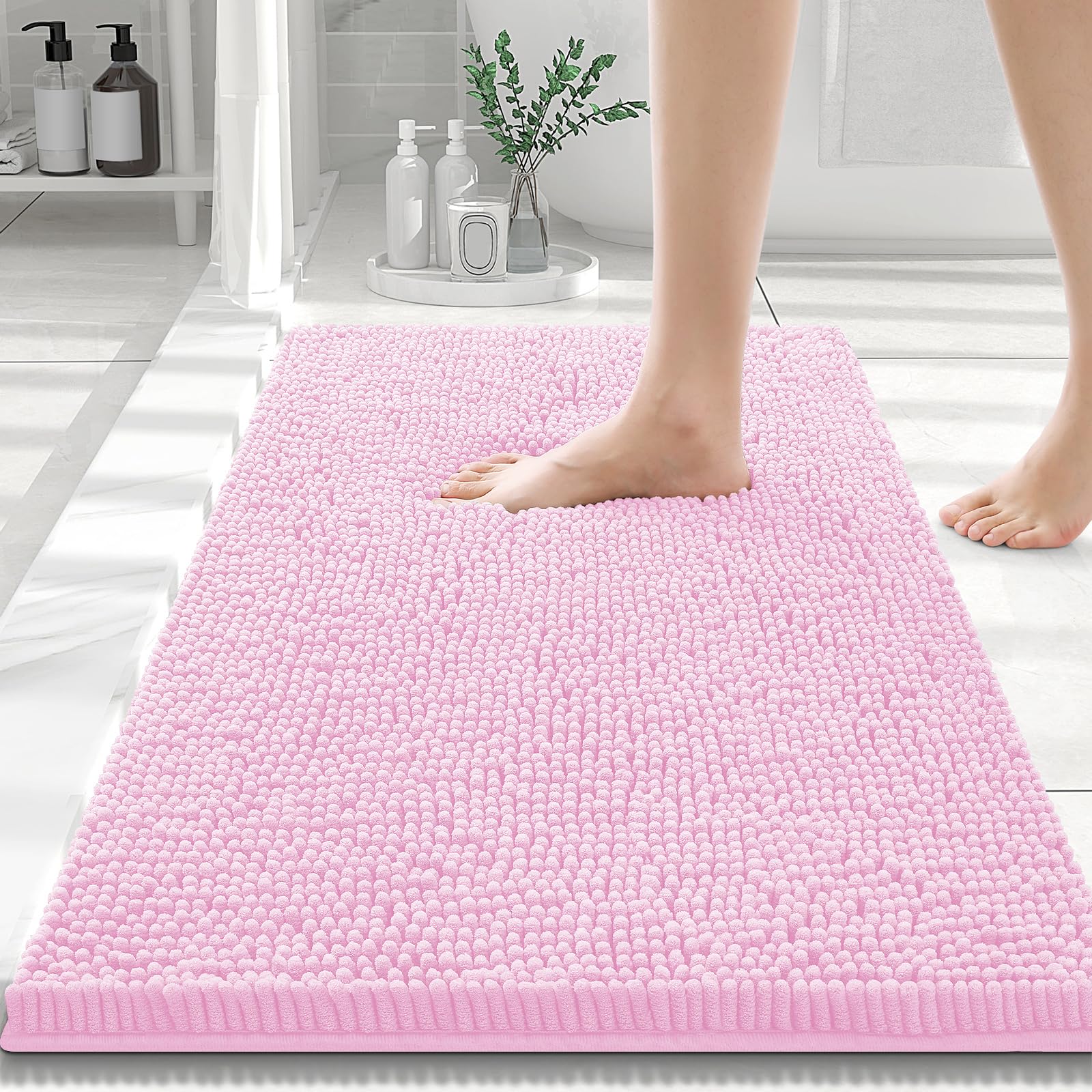 Photo 1 of Smiry Luxury Chenille Bathroom Rugs 30x20, Extra Soft and Absorbent Shaggy Bath Mat, Machine Washable, Non-Slip Plush Carpet Runner for Tub, Shower, and Floor, Home Decor Accessories, Pink
