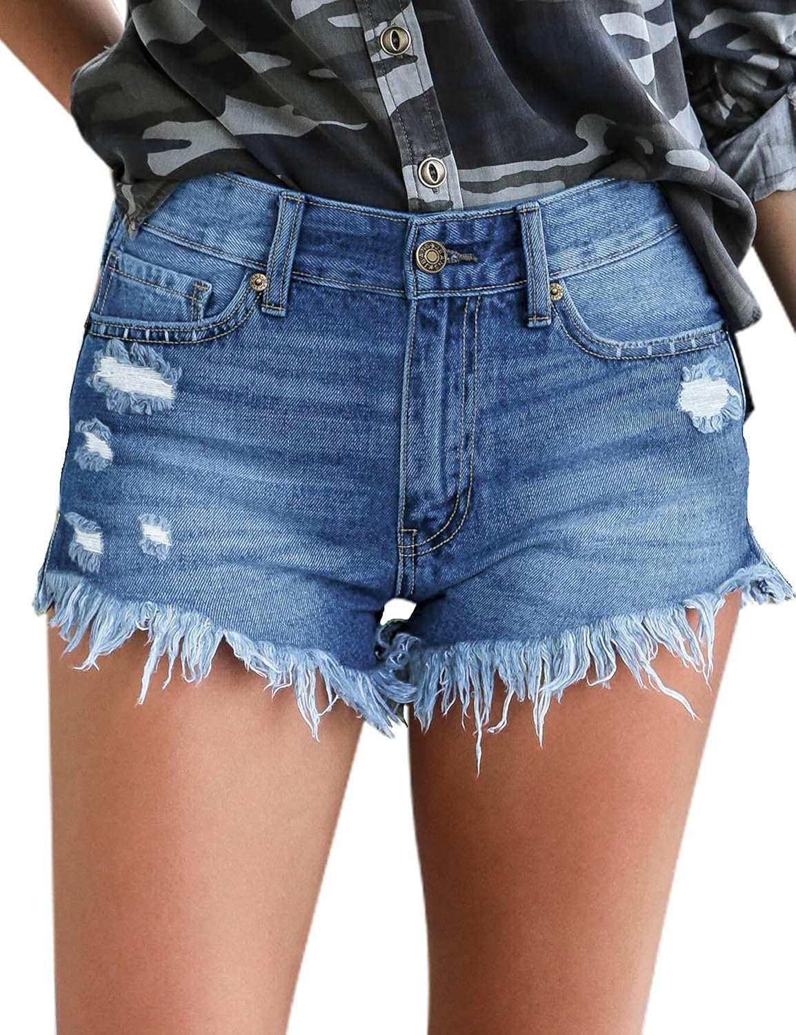 Buy ANFTFH Denim Shorts for Women Casual Solid Color Frayed Raw Hem
