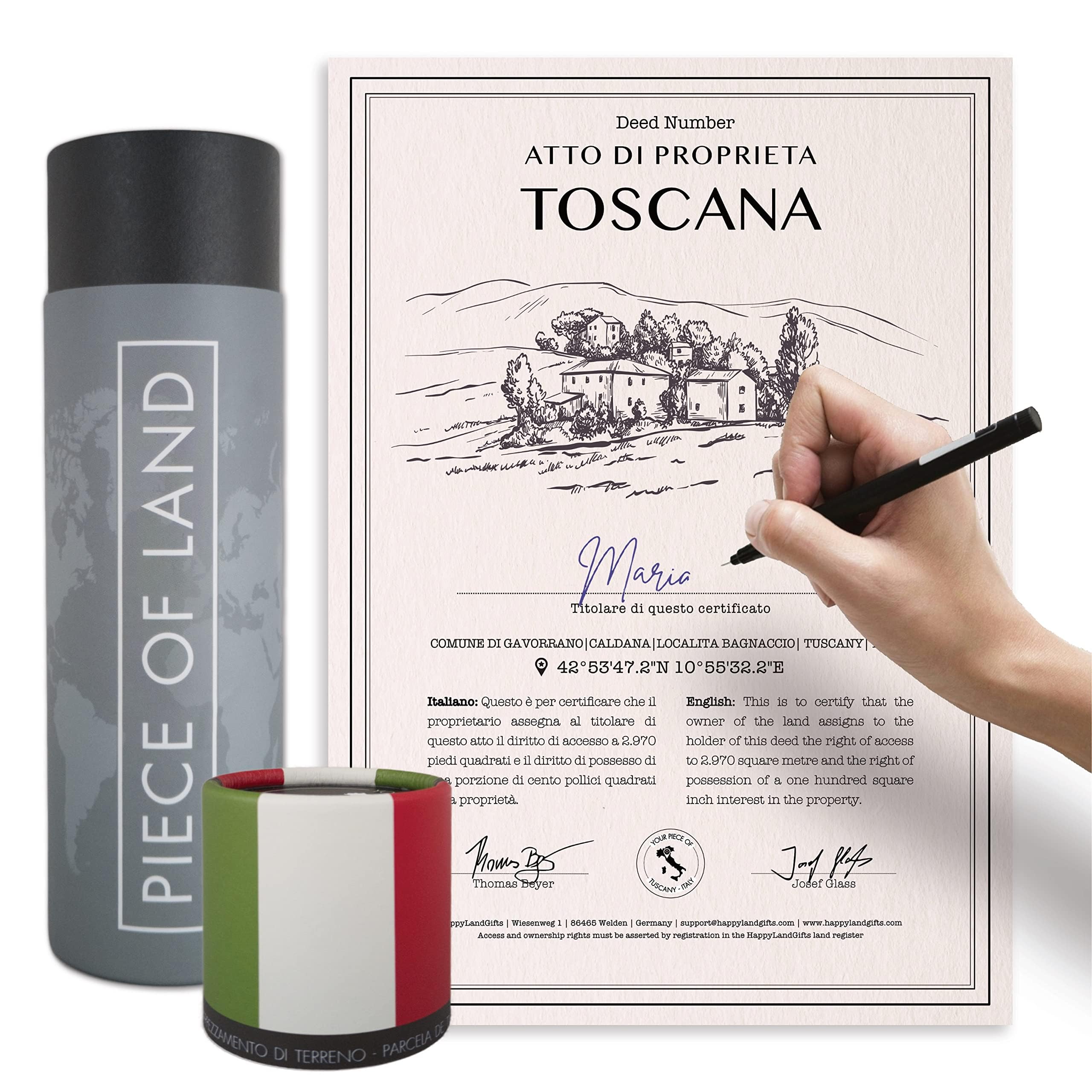 happylandgifts® Real Piece of Land - TUSCANY for Family and Friends for birthday and other occasions | Personalized Land Owner's Certificate |Tuscany Gifts | — image 1