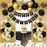 Birthday Decorations for Men Women, Black and Gold Party Decorations, Happy Birthday Banner with Black Gold Balloons Tablecloth Pom Poms Confetti Foil Fringe Curtains, Men Golden Bday Party Decor