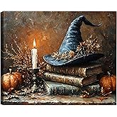 Framed Halloween Canvas Wall Art for Living Room Decoration 8x12, Witch Hat Exquisite Poster Painting Prints,Vintage Spooky Pumpkin Fall Canvas Art for Bedroom Home Decor