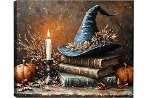 FLZYKGPA Framed Halloween Canvas Wall Art for Living Room Decoration 8x12, Witch Hat Exquisite Poster Painting Prints,Vintage Spooky Pumpkin Fall Canvas Art for Bedroom Home Decor