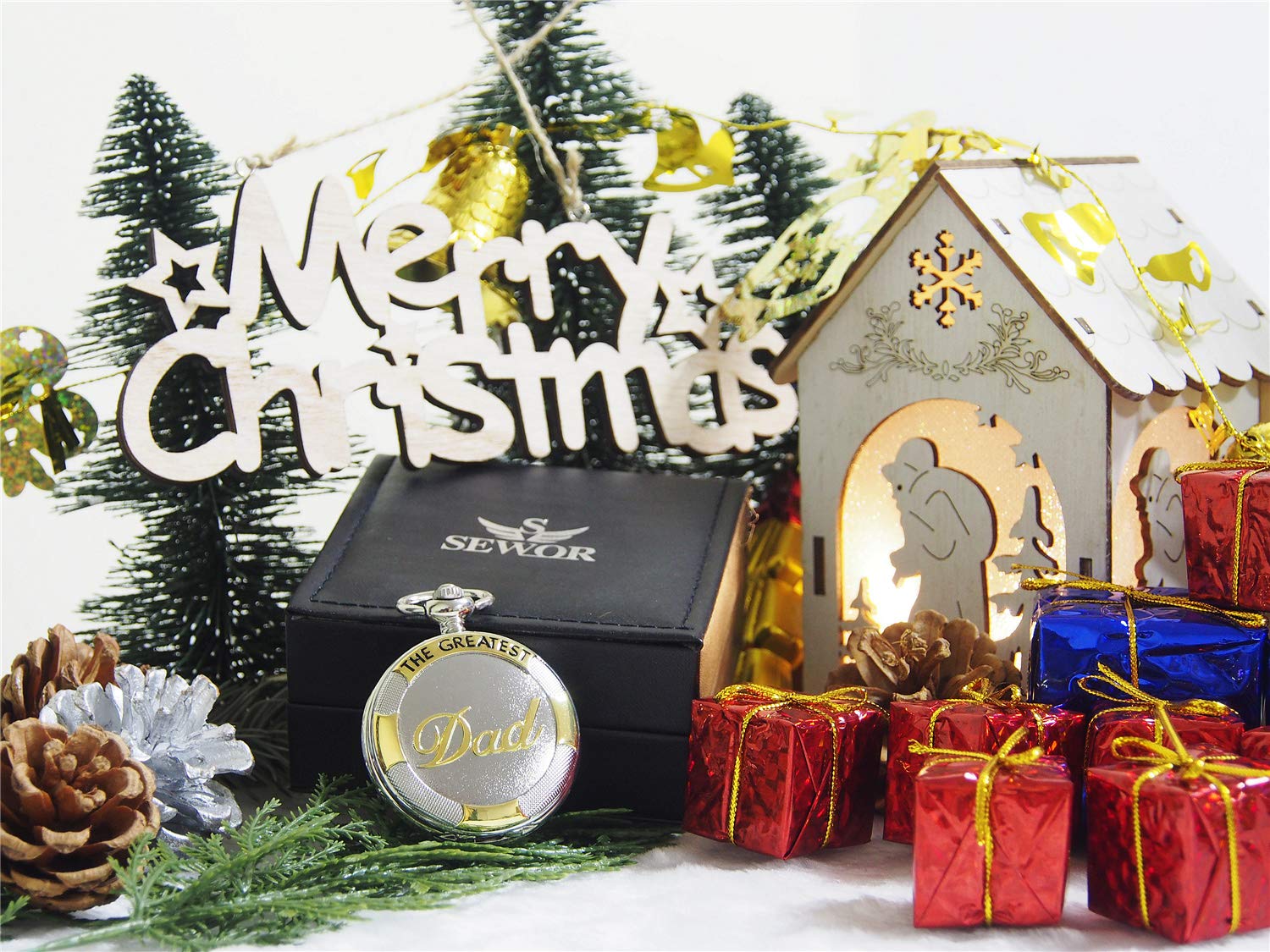 SEWOR Family Gift Beautiful Case Shell Dial Japanese Quartz Pocket Watch with Double Chain (Metal & Leather) (White Dad)