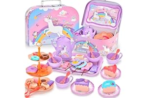 Lajeje 44Pcs Unicorn Tea Party Set for Little Girls, Pretend Plastic Teapot Set, Princess Tea Time Play Kitchen Toy with Dessert, Carrying Case for Birthday Easter Gifts Kids Toddlers Age 3 4 5 6