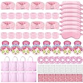 EYNDYN 72 Pcs Spa Sleepover Party Supplies for Girls With DIY Stickers And Greeting Card Pink Headband Wristbands Eye Mask Hair Scrunchie Tote Bag Sleeping Slumber Party Favors