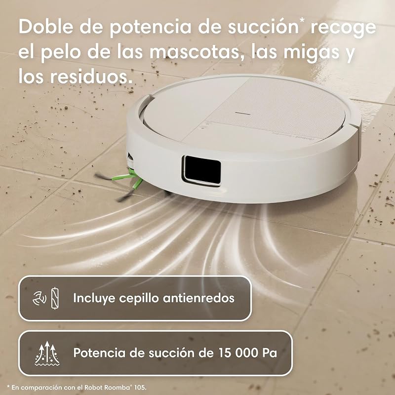 Roomba 115 Combo con Base AutoEmpty, Robot 2en1, Potencia de succión 15000 Pascales, Cepillo Lateral Flexible, Mopa de fregado extendida, 90 días autonomía, Navegación Clearview LiDAR, Blanco