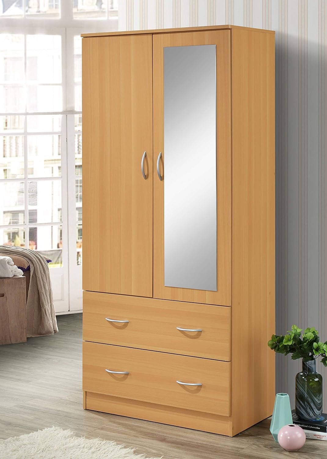 Mirror And Clothing Rod In Beech Armoire Hodedah Hi882 Door 2 Drawers Furniture Home Ekbotefurniture Com Armoire With Mirror And Drawers