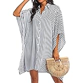 Ekouaer Women's Swimsuit Cover Up 3/4 Sleeve Beachwear Bikini Coverups Button Down Oversized Cover Up Shirt S-3XL
