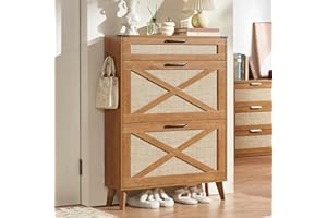 LEYAOYAO Shoe Storage Cabinet for Entryway with 2 Rattan Flip Drawers, Boho Narrow Shoe Cabinets for 16-20 Pairs Shoes with L
