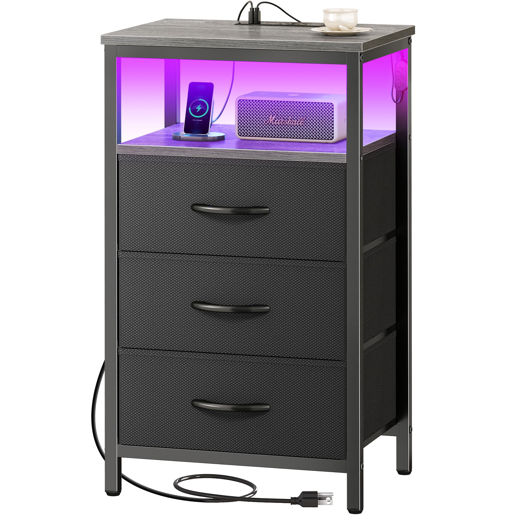 Huuger Night Stand with Charger Station and LED Lights, 3 Drawer Nightstand, Bed Side Table with Open Shelf, End Table, Tall Fabric Dresser for Bedroom, Grey Image