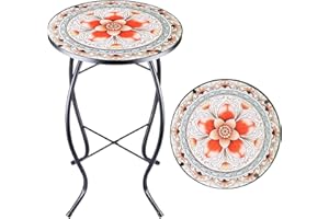 Arbuxzuy 14 Inch Small Outdoor Side Table with Pink Flower, Glass Mosaic Patio Table Indoor, Round Plant Coffee Table for Living Room, Balcony, Garden