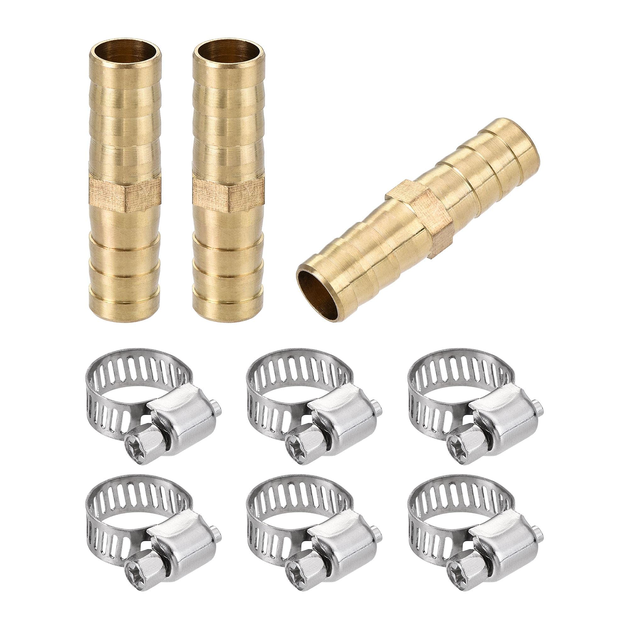 sourcing map Barb Hose Fitting, 10x39mm Straight Coupler Quick Connector Adapter with 6-12mm Adjustable Stainless Steel Hose Clamps, for Water Fuel Air Oil Gas 3 Set
