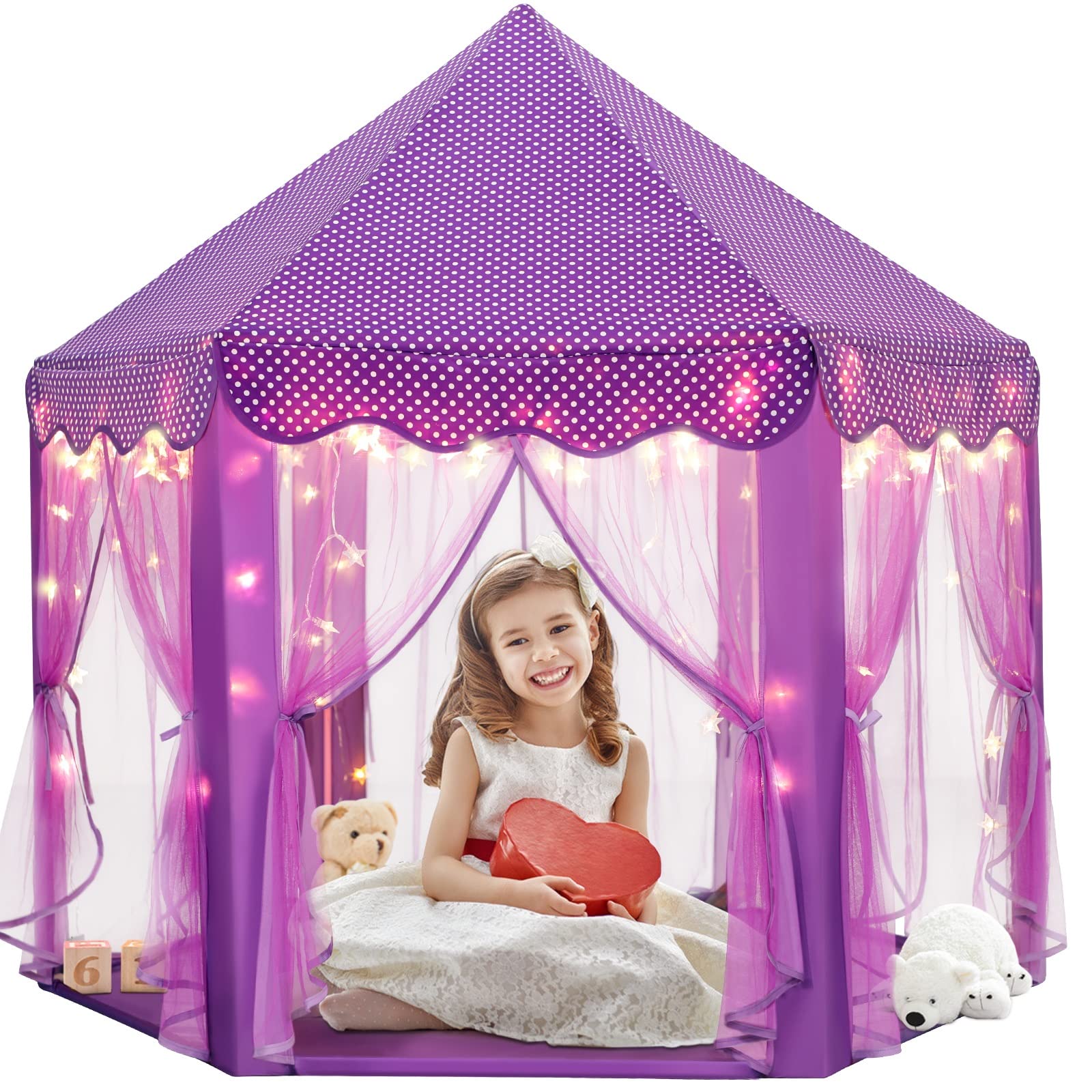 Photo 1 of Purple Princess Castle Tent for Girls with Fairy Star Lights Play Tents for Kids Hexagon Playhouse Fairy Toys for Children or Toddlers Indoor or Outdoor Games