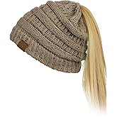 C.C BeanieTail Soft Stretch Cable Knit Messy High Bun Ponytail Beanie Hat, Confetti Taupe