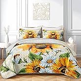 AILONEN Honey Bee Quilt Bedding Set Queen Size,Sunflower Bedspread Coverlet,3Pcs Soft Watercolor Yellow Bee & Floral Bed Cover(1 Quilt + 2 Pillowcases)