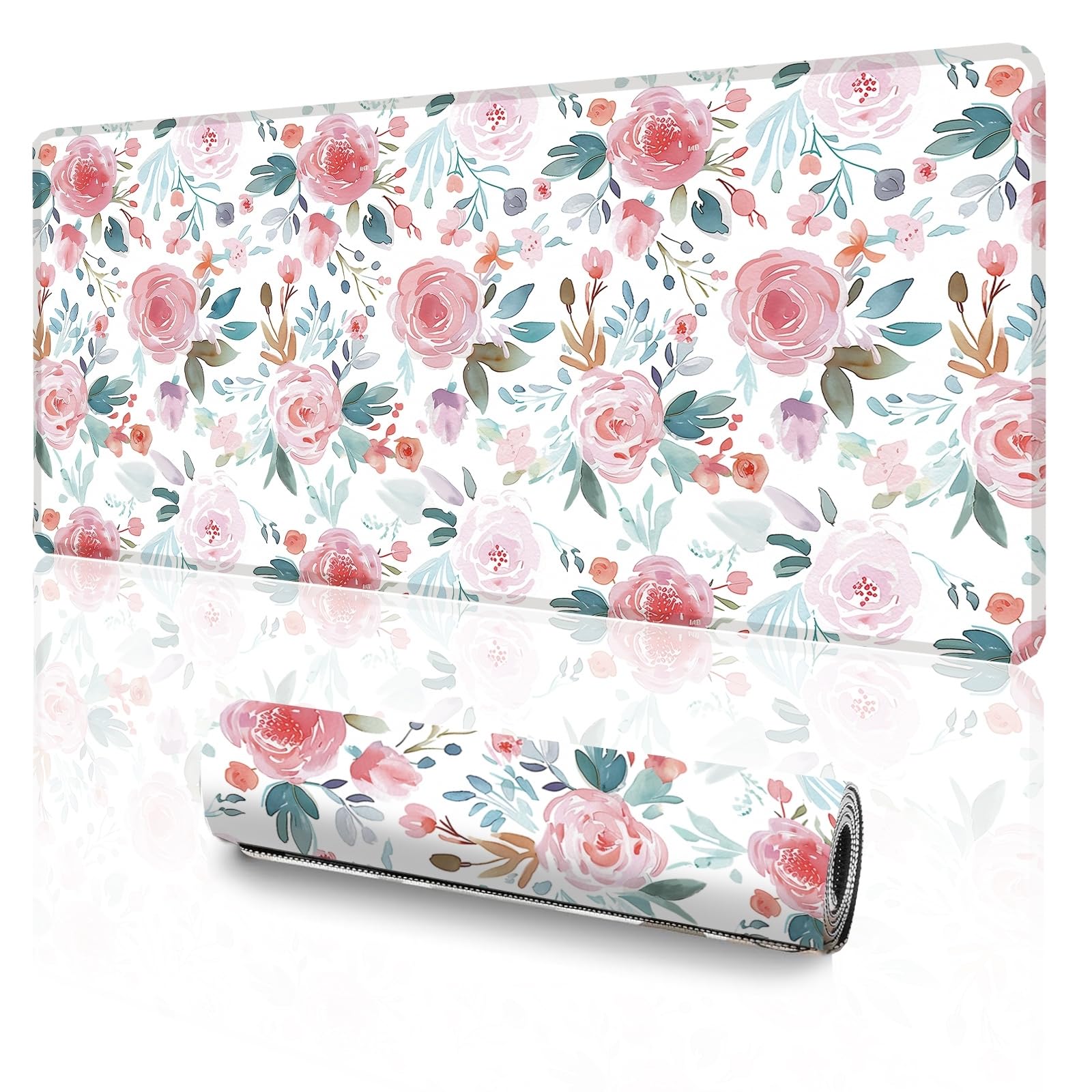 XXL Gaming Mouse Pad (47.2 x 23.6 Inch), Giant Floral Desk Blotter for Full Coverage, Watercolor Rose Garden Pattern, Anti-Slip Table Cover, Premium Soft Laptop Protector Image