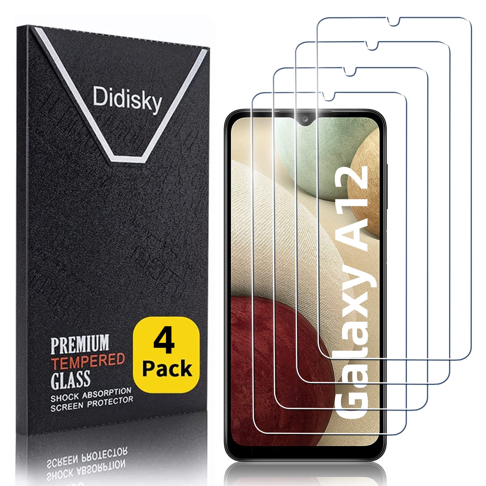 Didisky [4 Pack Tempered Glass Screen Protector for Samsung Galaxy A12 / A13 4G / A13 5G, Anti Scratch, 9H Hardness, No Bubbles, High Definition, Case Friendly, Transparent