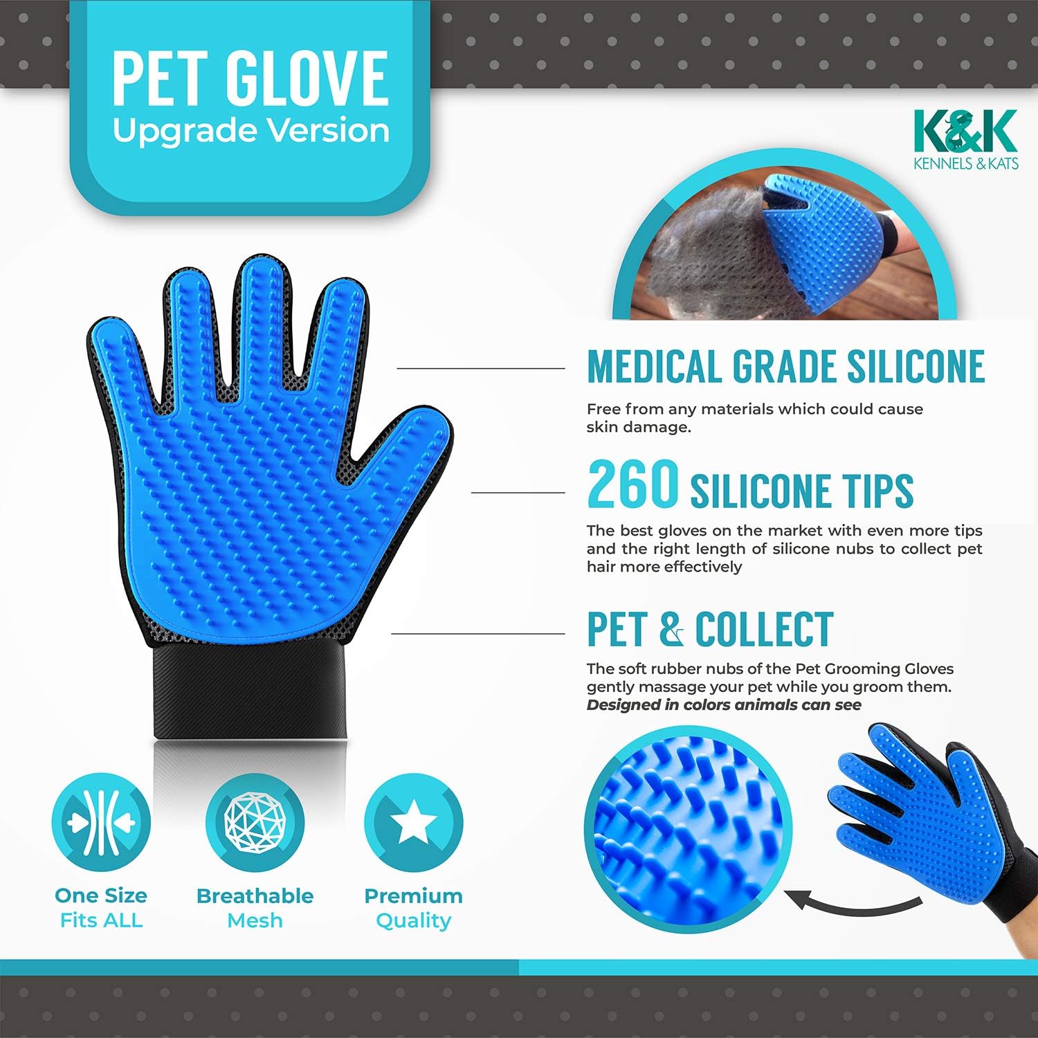 KENNELS & KATS New Version Pet Grooming Gloves, Premium Deshedding Glove for Easy, Mess-Free Grooming of Cats, Dogs, Rabbits and Horses with Long/Short/Curly Fur (Pair)