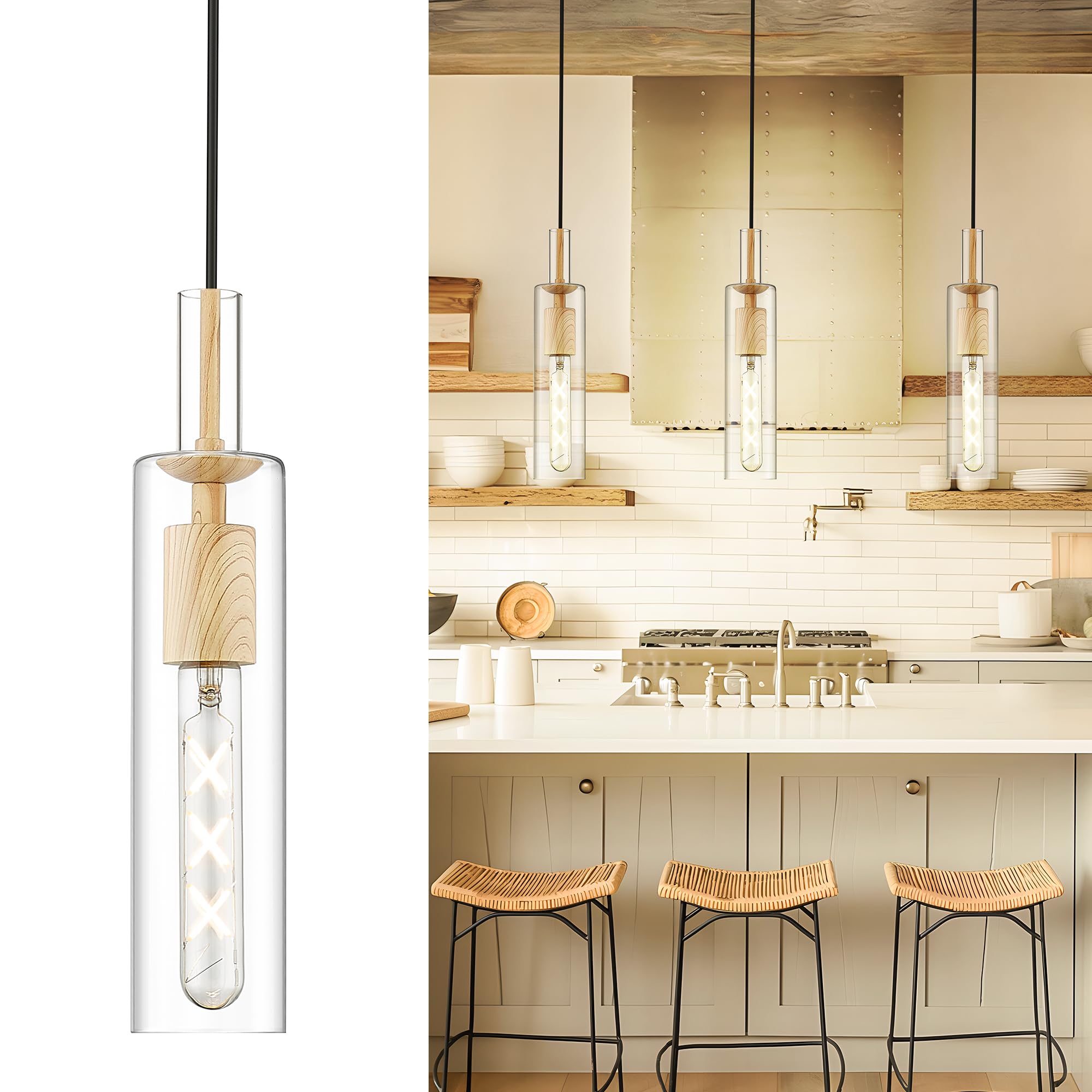 Photo 1 of AUTELO 1-Light Pendant Lights - Vintage Pendant Lights Kitchen Island, Light Wood Grain Hanging Light with Clear Cylinder Glass, Pendant Light Fixtures for Kitchen Island Dining Room Bathroom H3875 LW