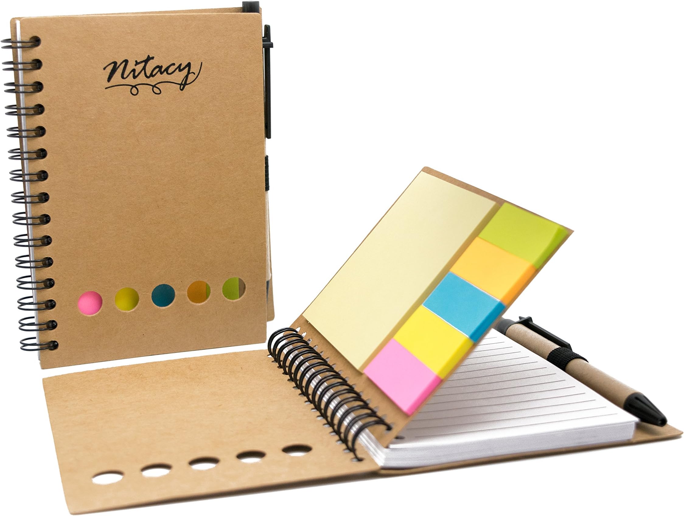 Nitacy Spiral Notebook with Pen in Holder Sticky Notes and Page Marker Colored Index Tabs Flags White Ruled Paper Notepad Journal Brown Kraft Paper Cover, 4.25 x 5.5 Inch, Small