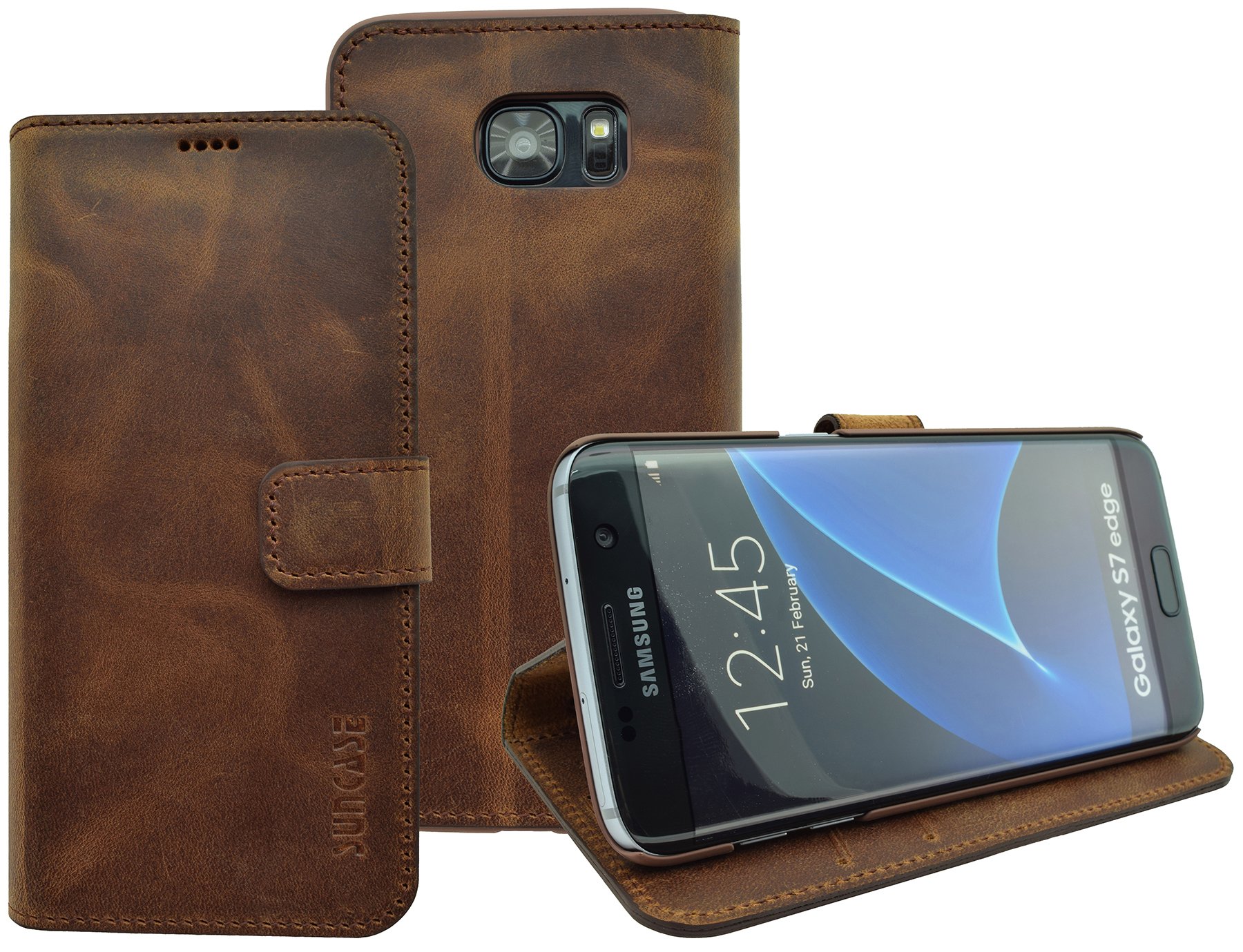 Original Suncase book-style leather case for Samsung Galaxy S5, S6, S6 Edge, S7, S7 Edge, genuine leather with card holder and stand function, case holder sleeve