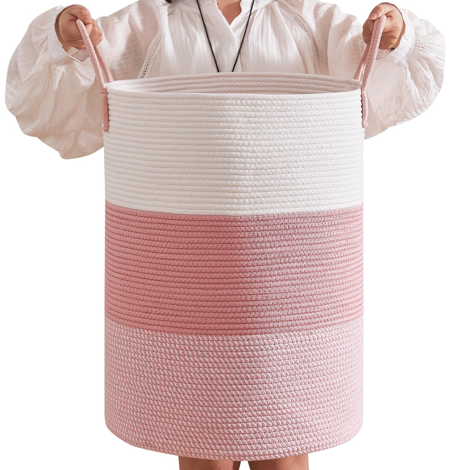 Photo 1 of CLHMILY&Z 80L Laundry Basket Round Storage Rope Basket - 16.5x22.5 Inches - Pink Hamper in Bedreoom and Cute Storage Bin for Blankets, Toys, and Nursery Essentials