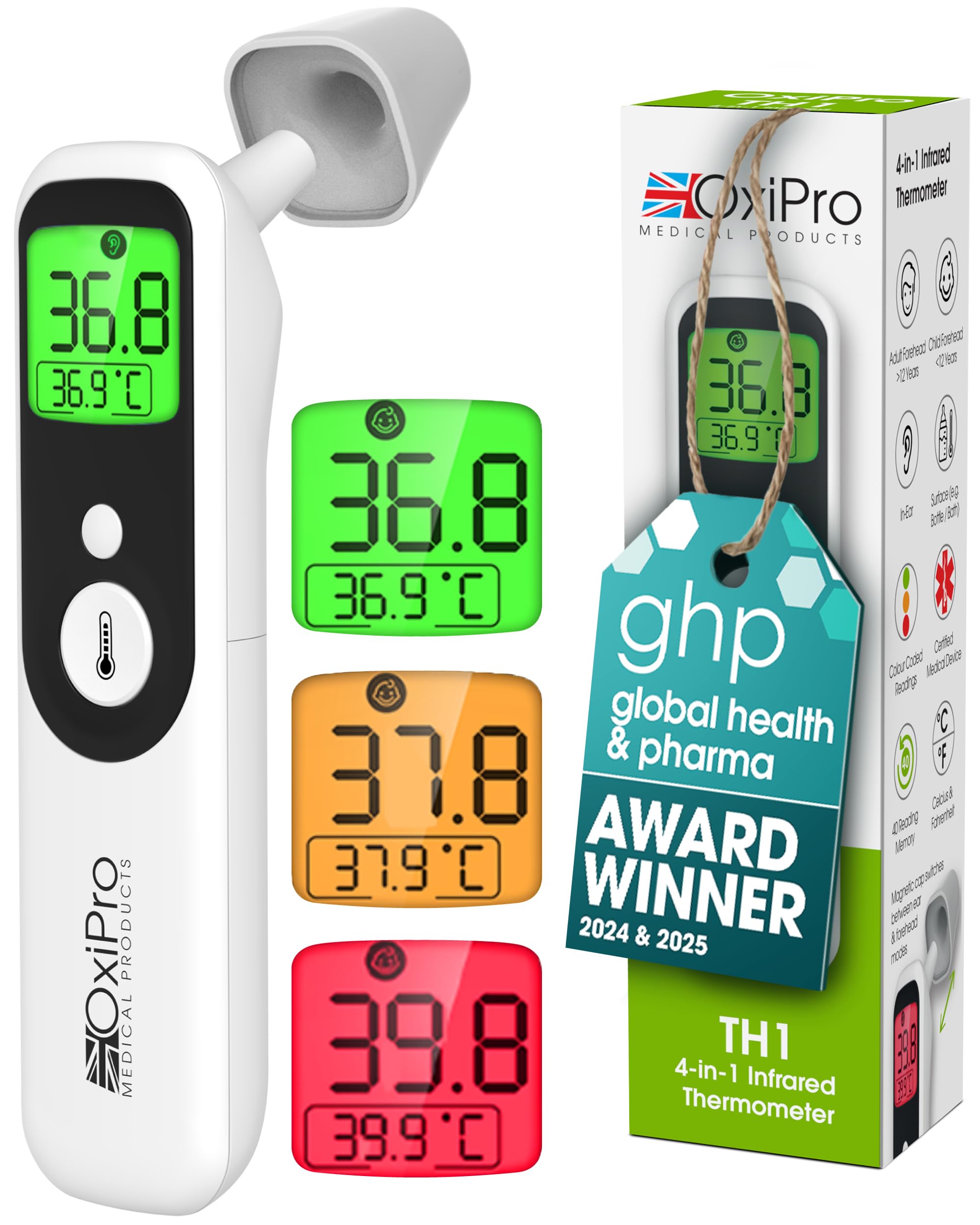 OxiPro TH1 Thermometer - Health & Pharma Award Winner 2025 - In-Ear, Forehead, Non-Touch & Baby Modes - Infrared Thermometer for Newborn, Baby, Kids, Children & Adult Temperature Measurement