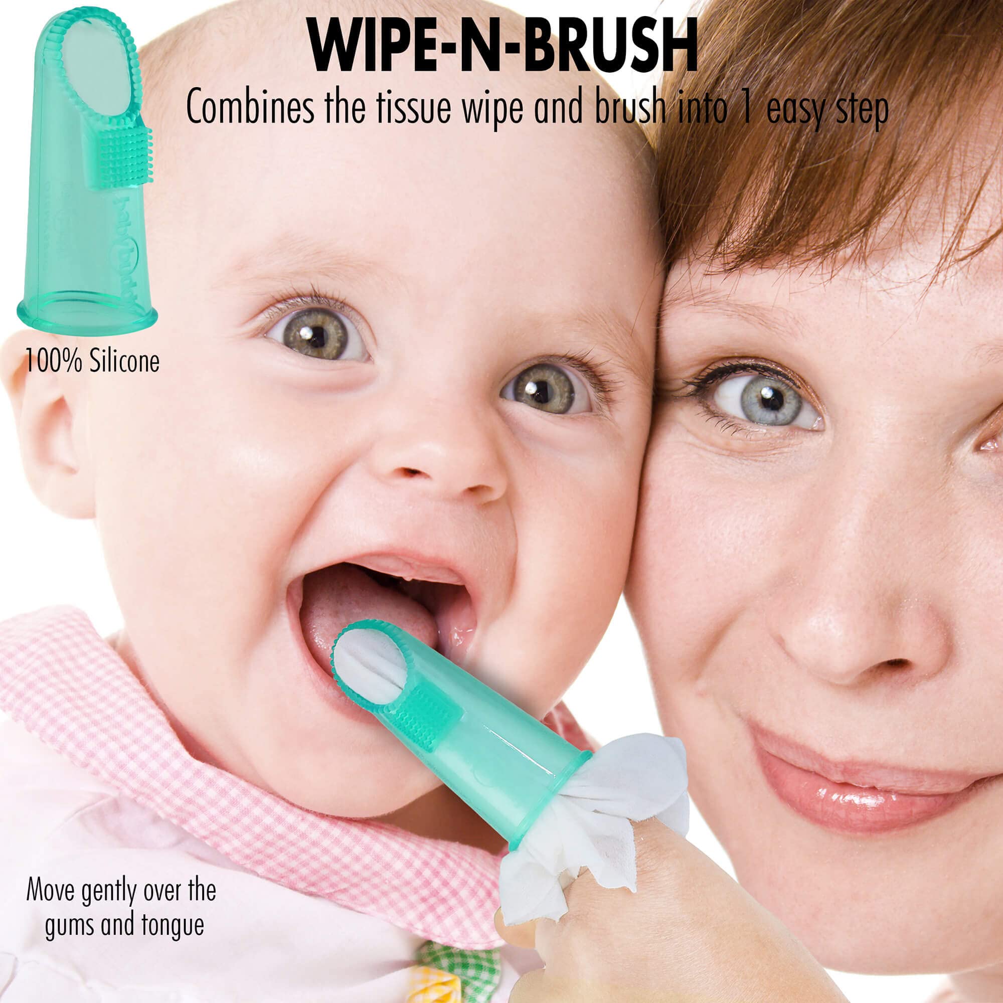Brilliant Wipe N Brush by Baby Buddy, Silicone Toothbrush, Cleaner for Infants 4-16 Months Old, Use With Dental Wipe, Infant Oral Cleaning Products, Baby Registry Must Haves, Travel Accessories, Green