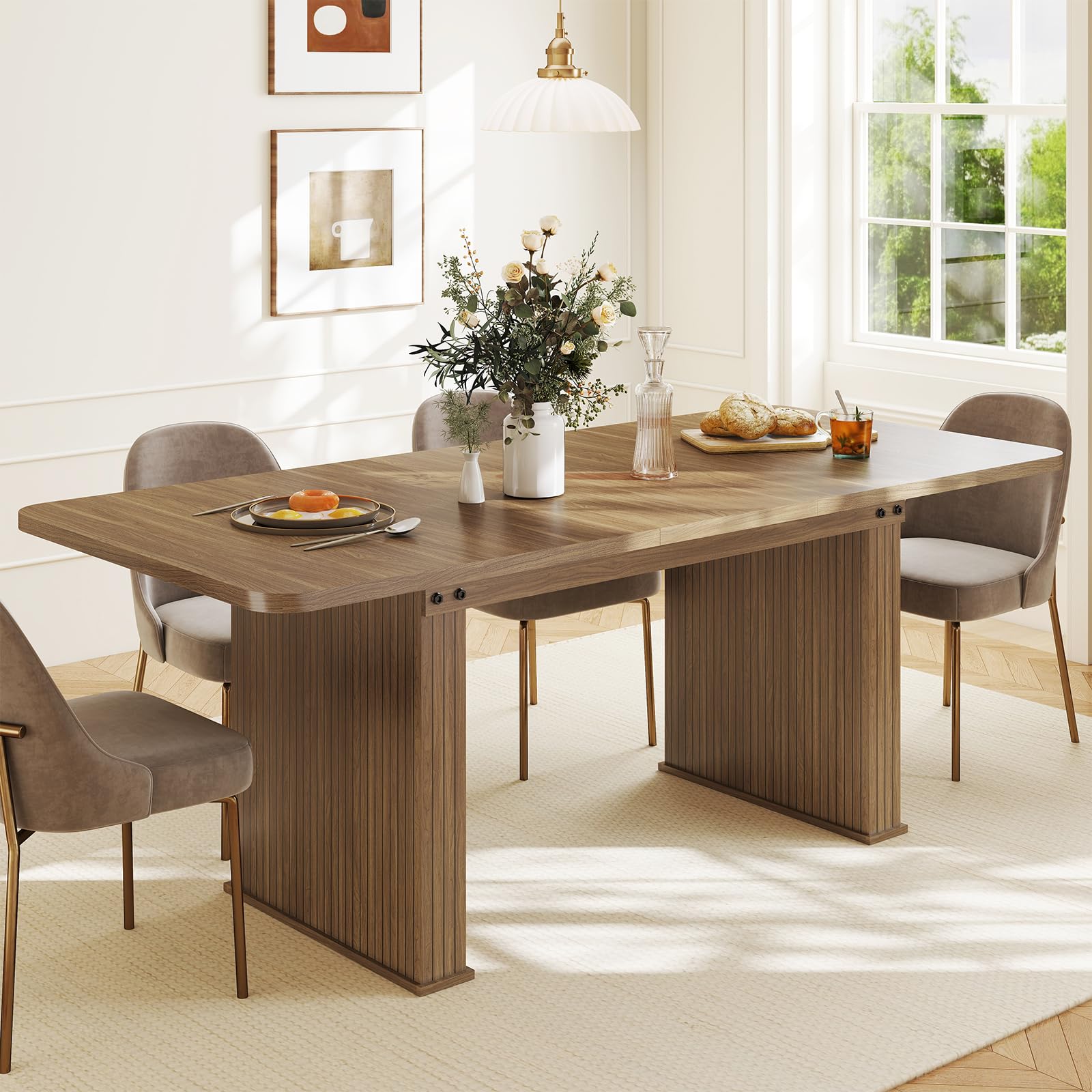 Photo 1 of (partial set legs only) Zevemomo 63"-78.7" Expandable Dining Table, 6-10 Farmhouse Kitchen Table, Extendable Dining Table, Rectangular Table with Metal Track, Widened Wood Striped Legs for Dining Room, Office-Beige Brown