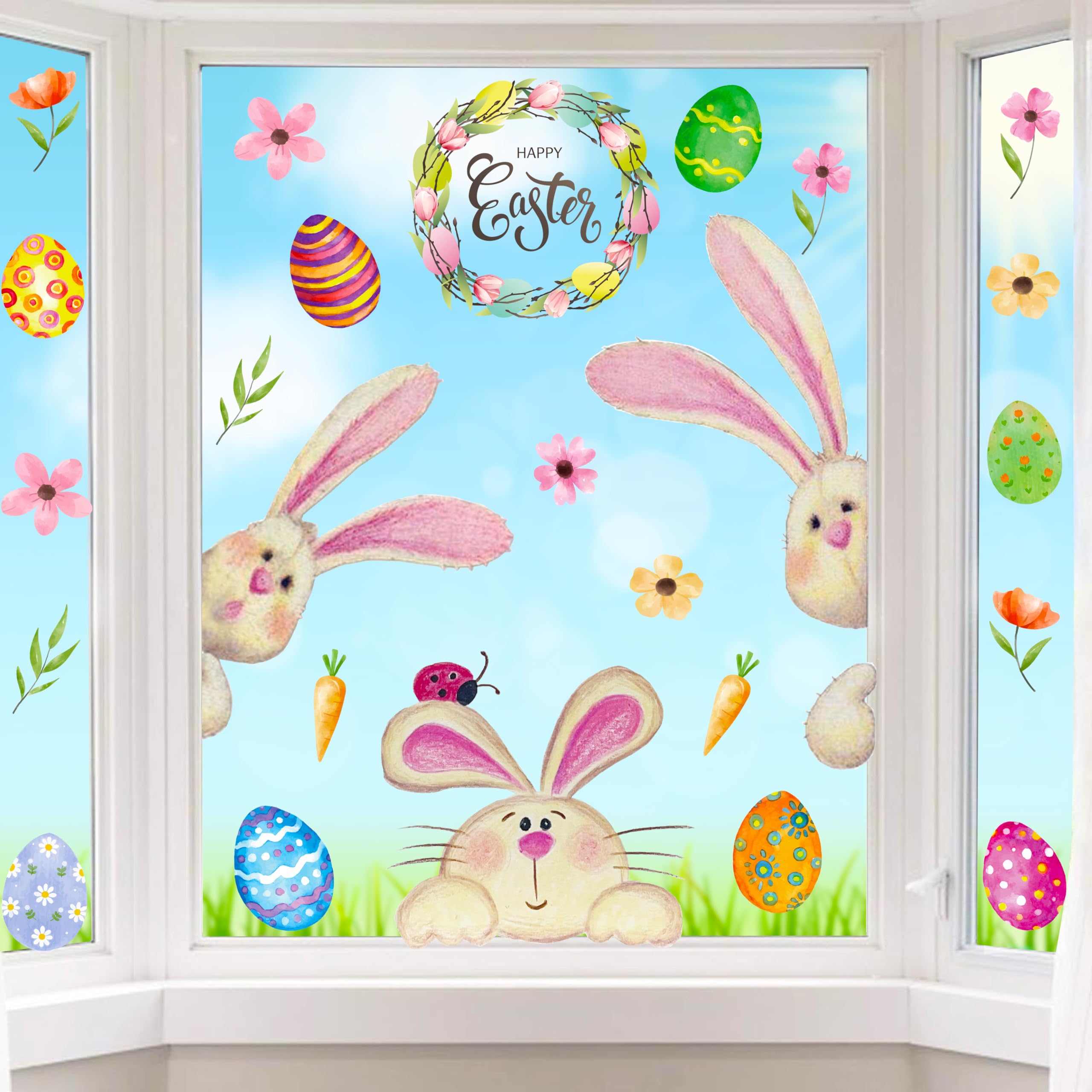 Easter Window Clings Decorations for Glass Easter Window Stickers Decal Large Bunny Stickers with Eggs Spring Door Wall Window Decor
