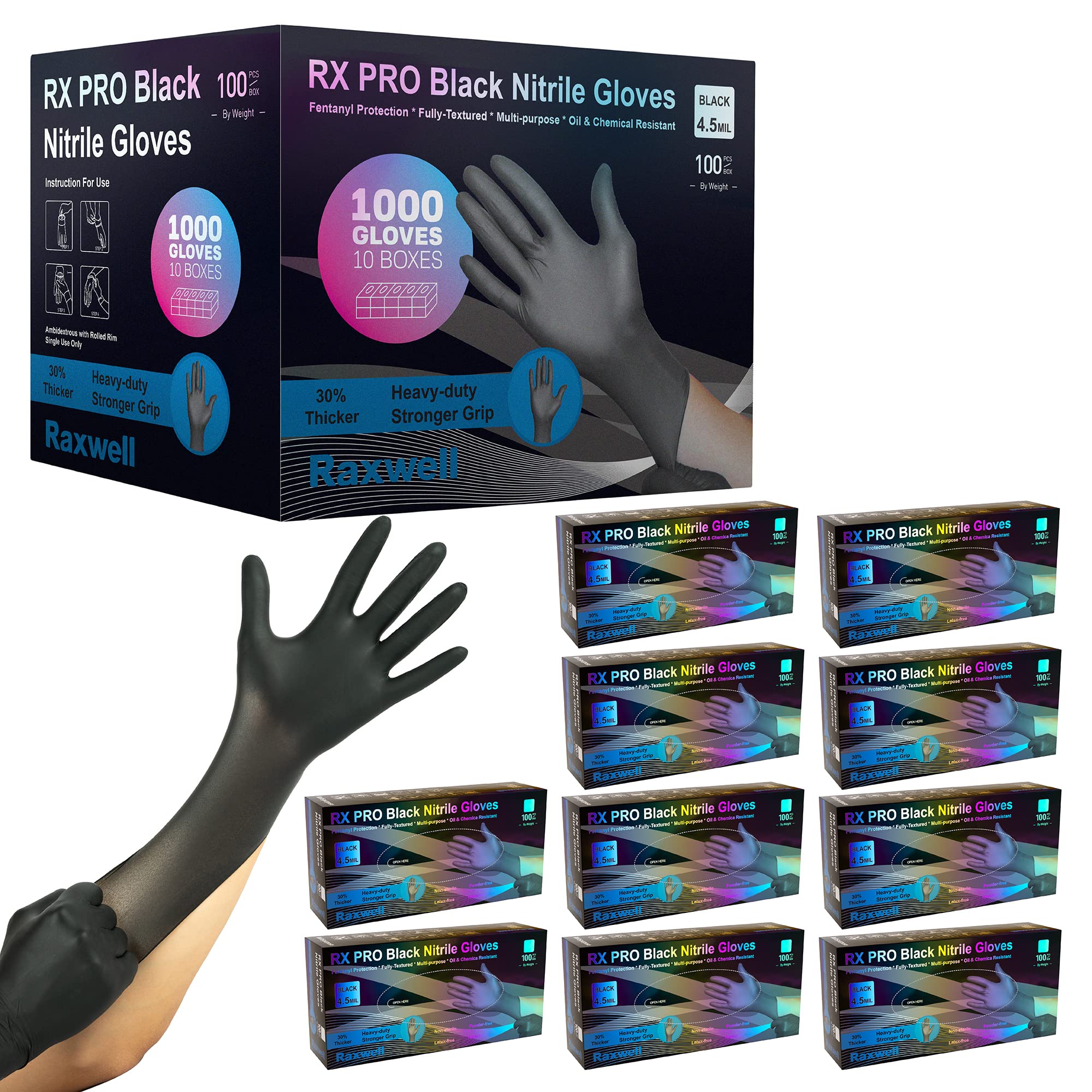 Raxwell Black Nitrile Disposable Gloves - Latex-Free Food Prep & Cooking Gloves - Textured Grip for Medical & Cleaning Tasks - Mechanic & Heavy-Duty Work - X-Large, 4.5 mil, Pack of 1000 Image