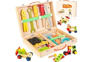 Bravmate Toddler Tool Set with Portable Tool Box & DIY Stickers, Wooden Kids Tool Sets for Boys Girls Age 2-4, STEM Montessori Educational Preschool Toys, Birthday Gifts for 3+ Years Old