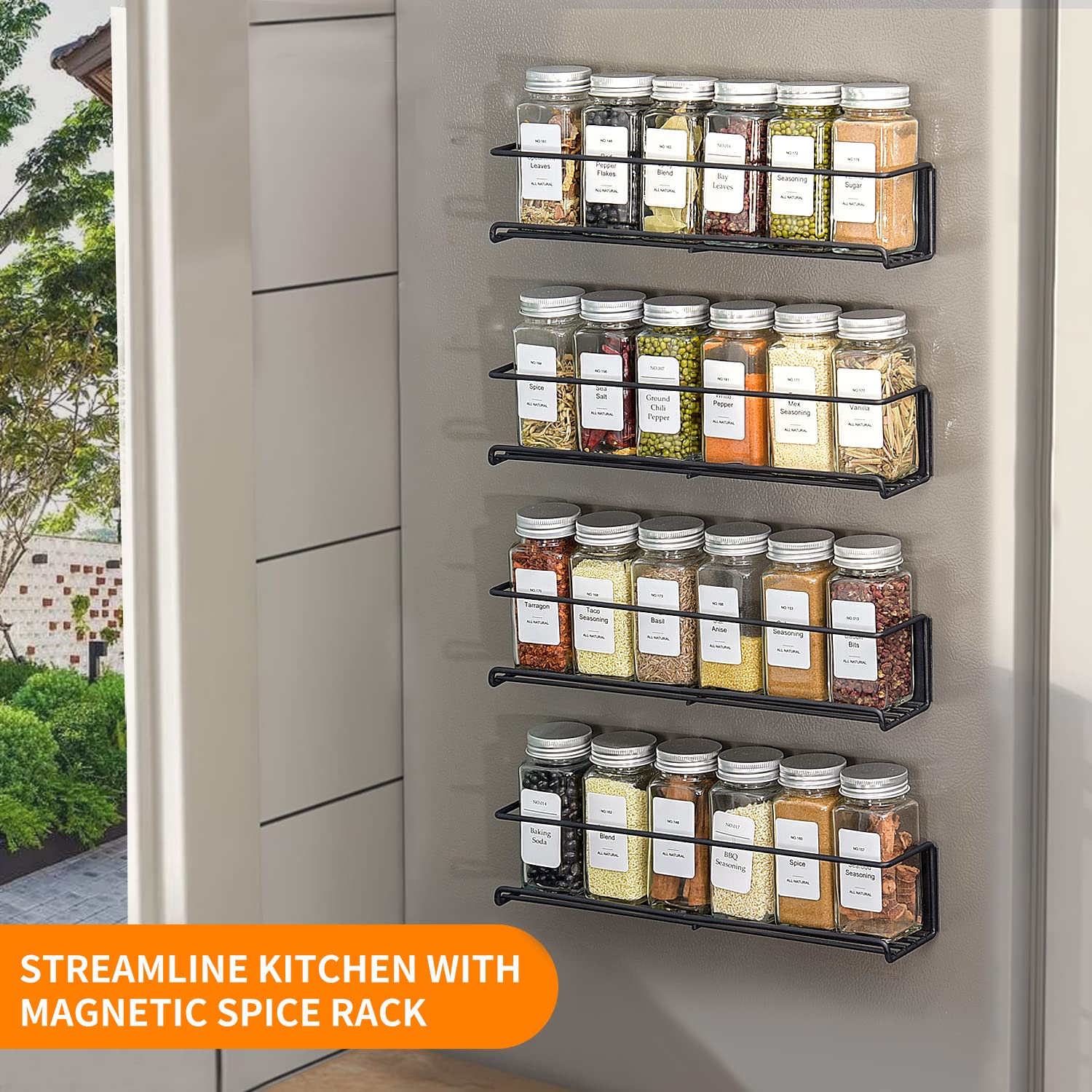 KitHero 4 Pack Magnetic Spice Rack for Refrigerator with 24 Spice Jars, 216 Spice Labels,1 Funnel-Full Set Spice Organizer, Space Saver Seasoning Organizer, Metal Kitchen Organization, Kitchen Gadgets