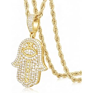 TRIPOD JEWELRY 18K or White Real Gold Plated Evil Eye Hamsa Hand Pendant Necklace Iced Out Good Luck Protection Fatima Pendan