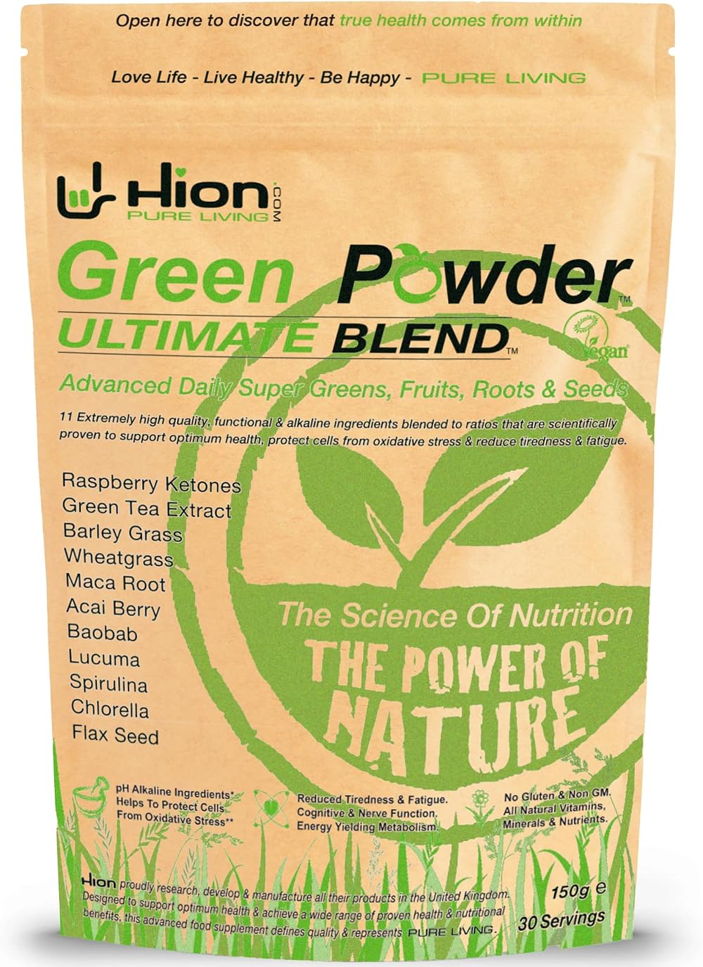 Hion Super Greens Powder 30 Servings 11 Superfoods UK Made Vegan Gluten Free