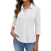 YUCOLEN Polo Shirts for Women 3/4 Sleeve Tops Golf Tees 5-Button Collared Cotton Shirt Business Casual