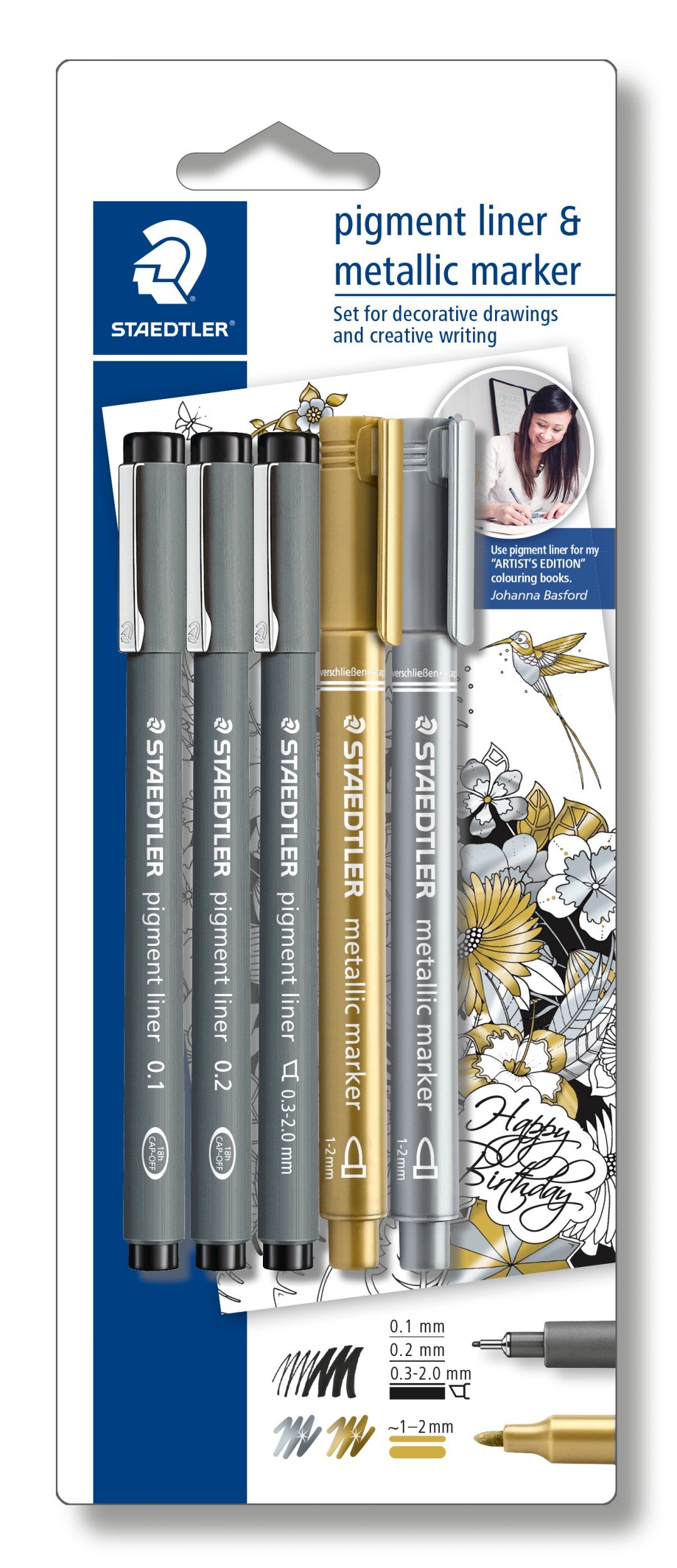 Staedtler Creative Set (3 Fine Liner Pigment Liner Black, 2 Metallic Marker, Johanna Basford) 308 SBK3P3