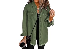 Vetinee Women’s Oversized Button Up Frayed Hem Shacket Long Sleeve Pockets Denim Jean Jacket
