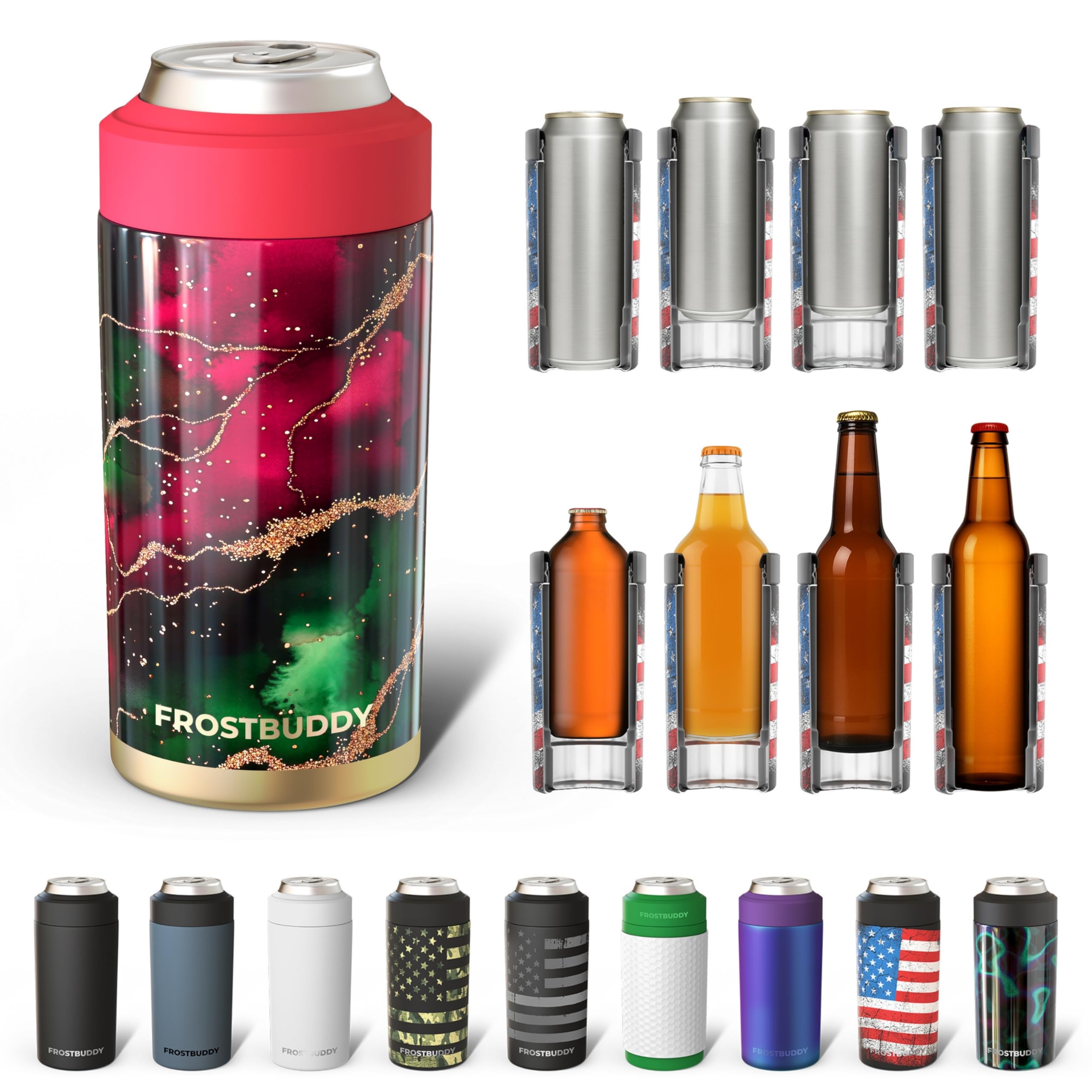 Frost Buddy Universal Can Cooler - Fits all - Stainless Steel Can Cooler for 12 oz & 16 oz Regular or Slim Cans & Bottles - Stainless Steel (Merry Marbleous) Image