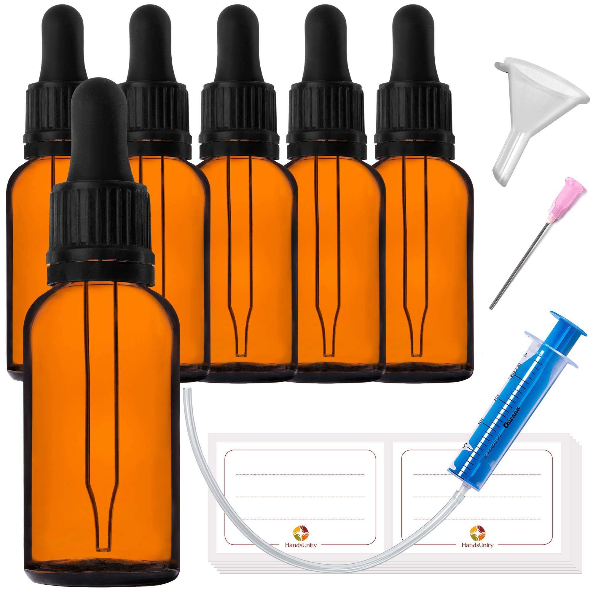 HandsUnity 30ml-6pcs Pipette Glass Bottle - Amber Glass Pharmacy Jar Set with Black Pipette Cap includes 17pcs Auxiliary Accessories Brown Glass Bottles — image 1