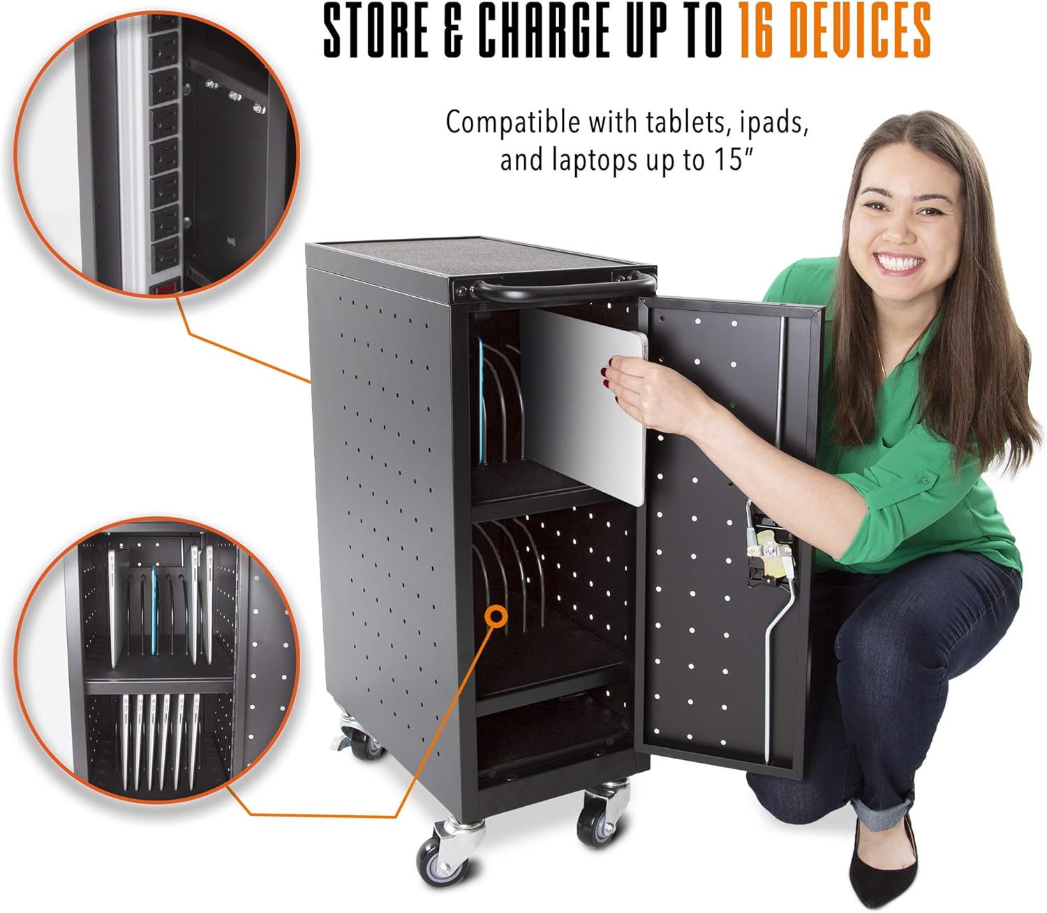 Line Leader Compact Mobile Charging Cart for Chromebooks, Laptops, Tablets and More - Charges and Stores 16 Devices - Includes Power Strip and Locking Cabinet (12.13 in x 23.25 in x 34 in) : Office Products