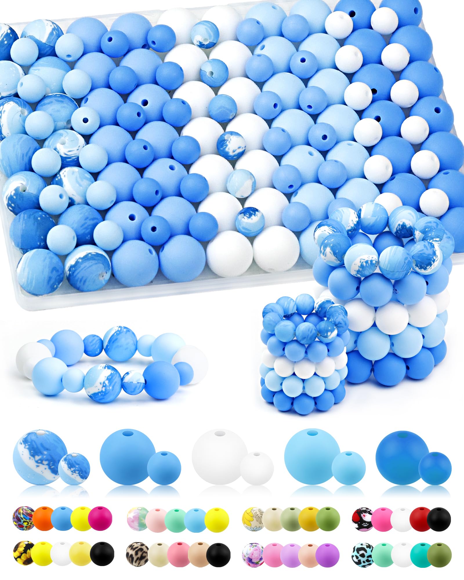 Photo 1 of 100PCS FIVEIZERO Silicone Beads for Keychain Making, 9mm & 15mm Blue White Mixed 5 Colors Silicone Focal Beads for Bracelets, Beadable Pens and DIY Crafts