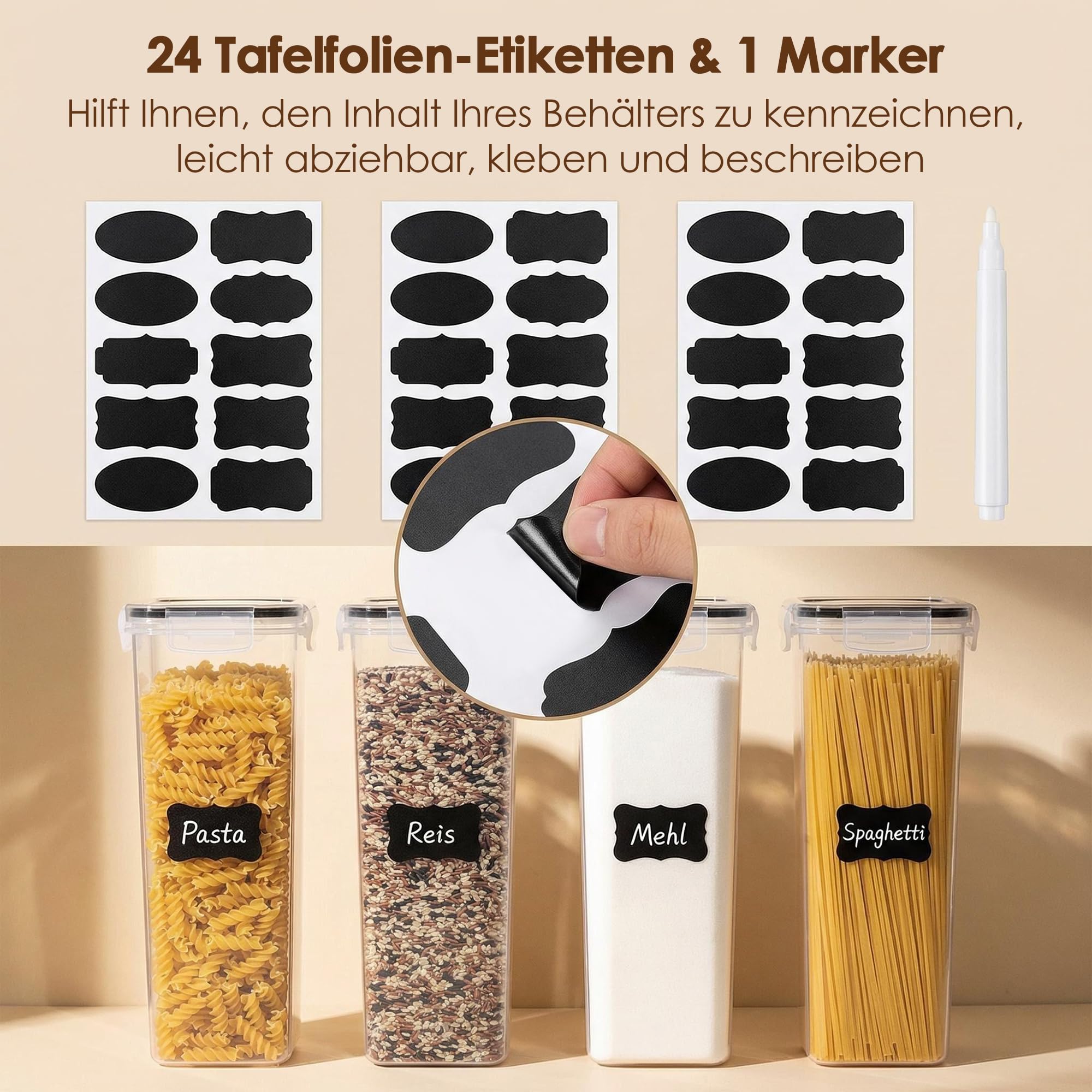 Vtopmart 2.8L Vorratsdosen Set, Müsli Schüttdose & Frischhaltedosen, BPA frei Kunststoff luftdicht,Trockenfutterbehälter, Satz mit 4, 24 Etiketten für Getreide, Mehl, Zucker usw (Schwarz) 5