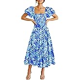 PRETTYGARDEN Women's Casual Summer Midi Dress Puffy Short Sleeve Square Neck Smocked Tiered Ruffle Dresses