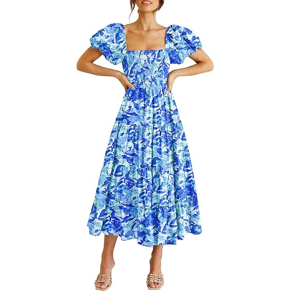 Women's Boho Floral Midi Dress Ruffle Hem Puffy Short Sleeve Summer Maxi  Dress at Amazon Women's Clothing store