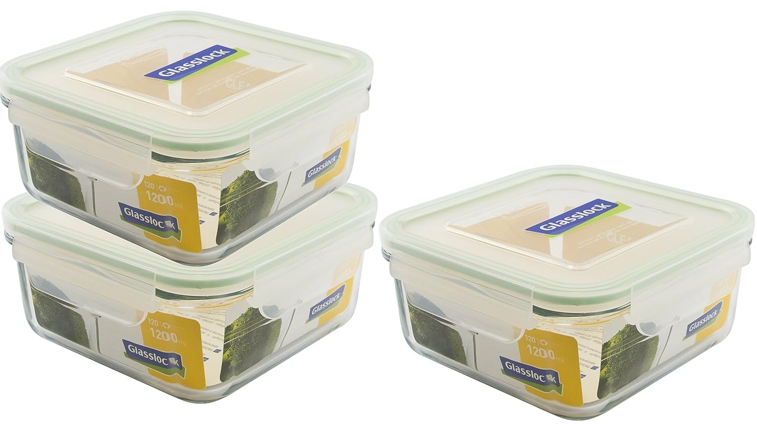 Glasslock (3x MCSB-120, 3x 1200ml) Envase de vidrio cuadrado ...