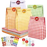 PHOGARY 40pcs Small Gift Bag Bulk, Birthday Party Favor Bags with 72 Stickers, Colorful Plaid Paper Bags Sweet Candy Treat Goodie Bag for Kids Birthday Festivals Party Supplies