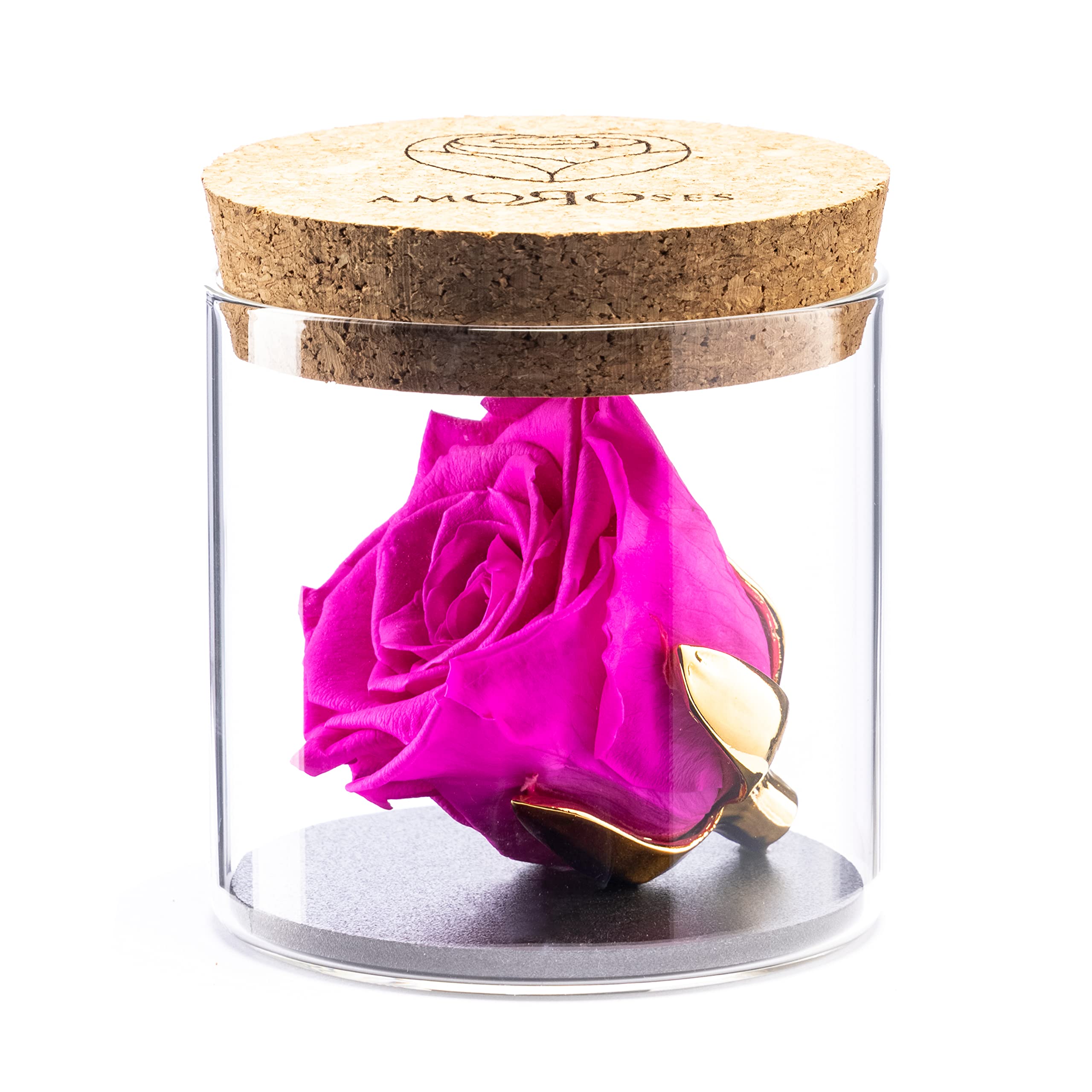 Amoroses Bijou - Eternal Stabilised Rose with 24K Gold Plated Calyx in Glass Jar | Gift Idea (Shocking Pink Rose)