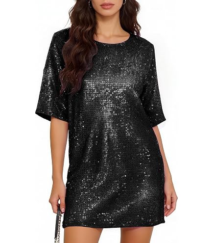 black glitter shift dress Umimore Women's Sequin Short Sleeve Mini Small long beaded dress